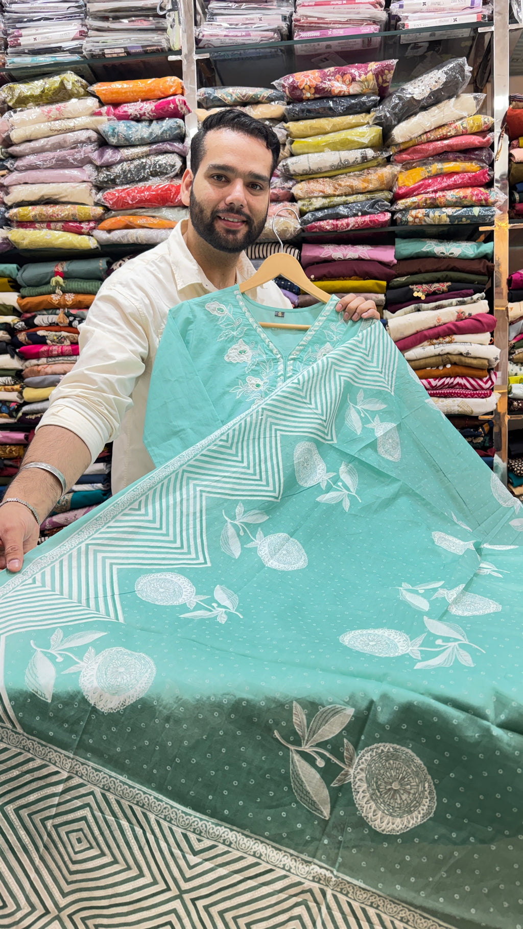 Pure Cotton Aqua Green Embroidered Plazo Suit