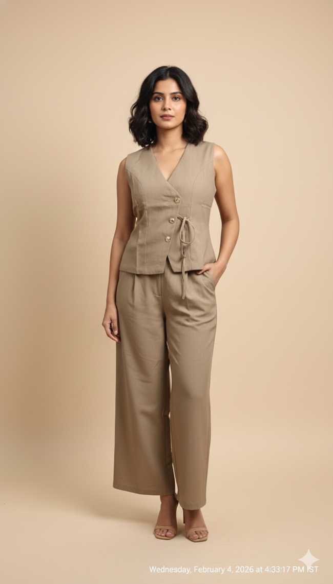 Sleeveless Imported Co-ord Set(Camel Colour) Hover Image