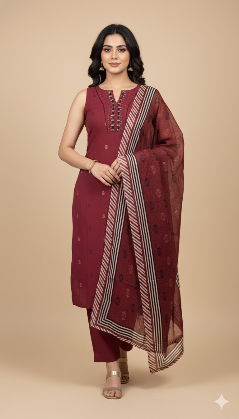 Unesco Maroon Pure Cotton Plazo Suit