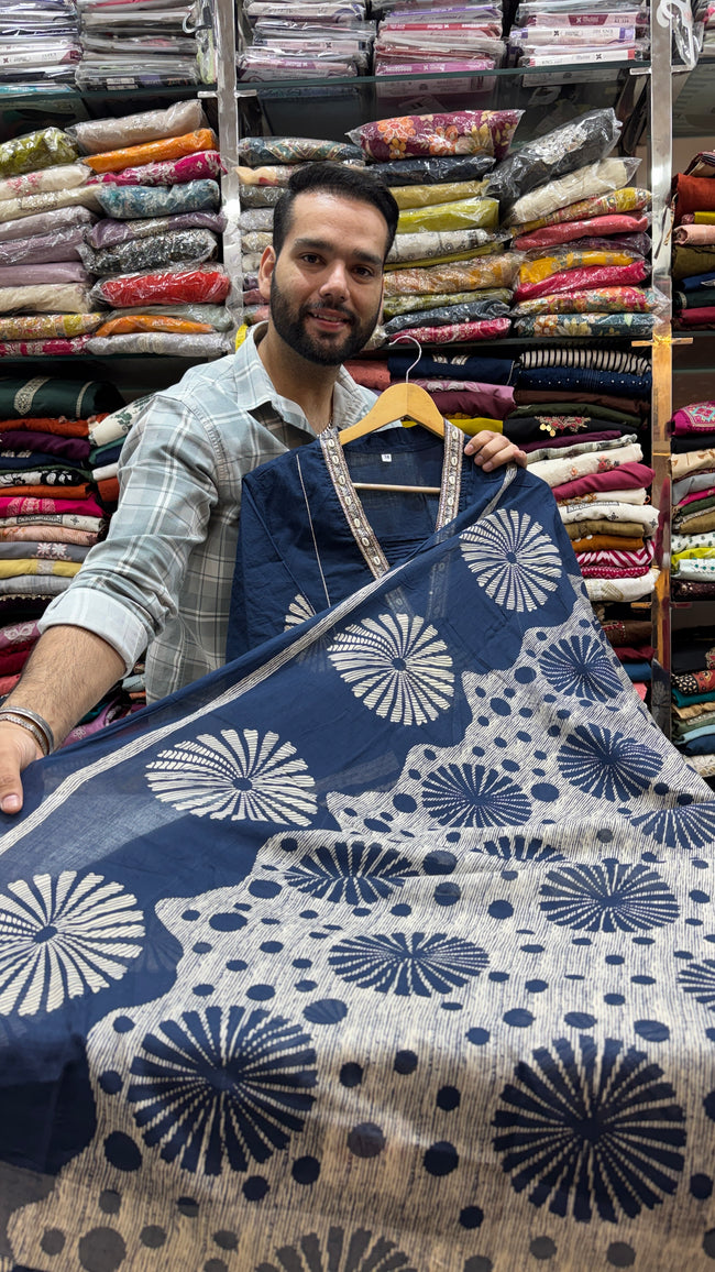 A Line Navy Blue Pure Cotton Plazo Suit Main Image