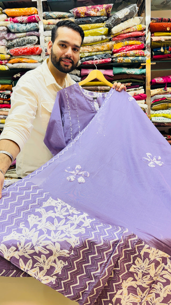 Pure Cotton Lavender A Line Plazo Suit Main Image