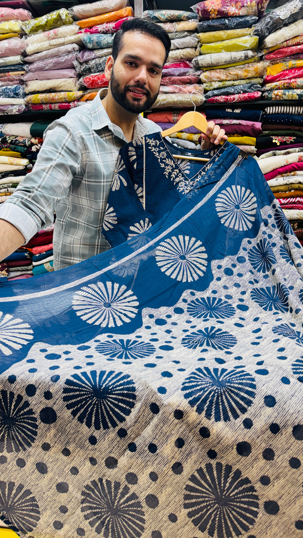 Navy Blue Pure Cotton Embroidered Plazo Suit