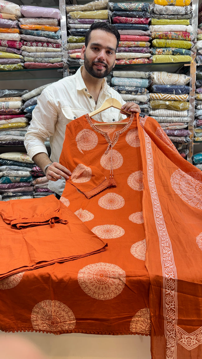 Pure Cotton Rust Orange Plazo Suit Hover Image