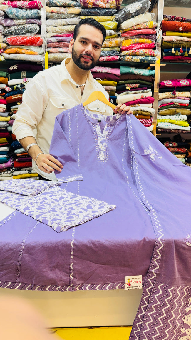 Pure Cotton Lavender A Line Plazo Suit Hover Image
