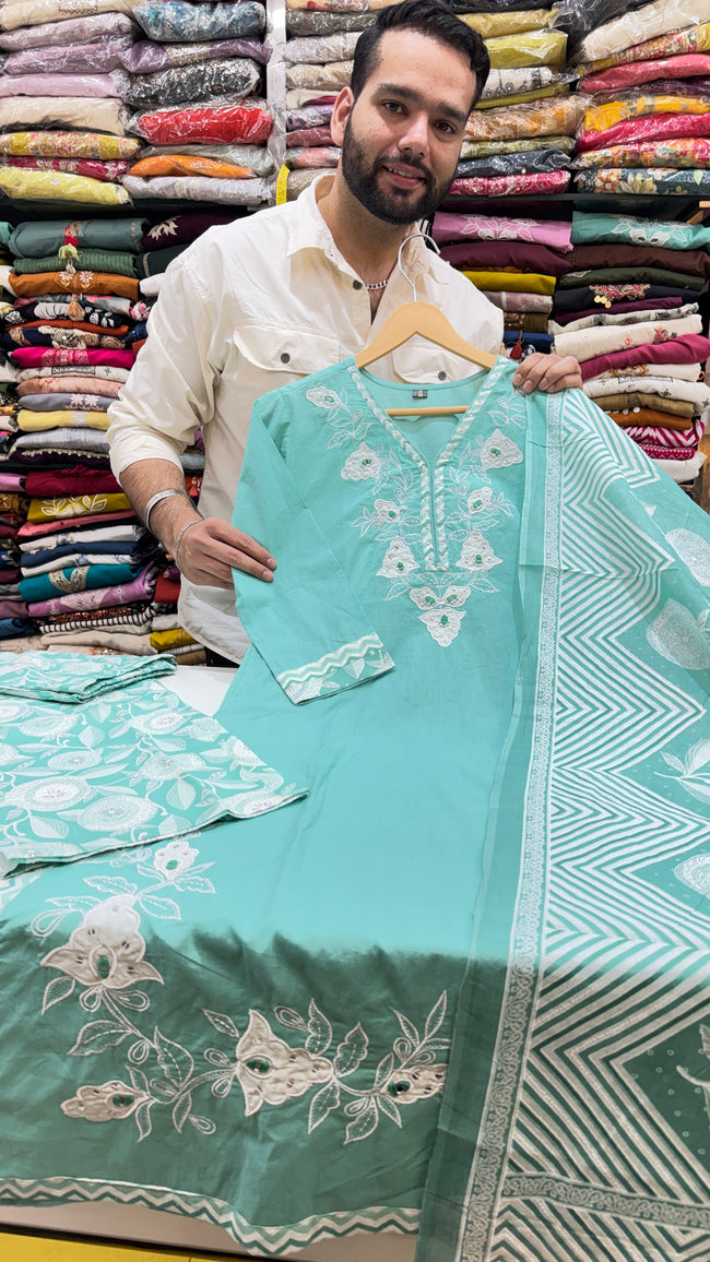 Pure Cotton Aqua Green Embroidered Plazo Suit Hover Image