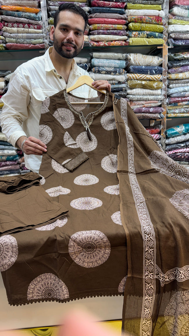 Pure Cotton Brown Plazo Suit Hover Image