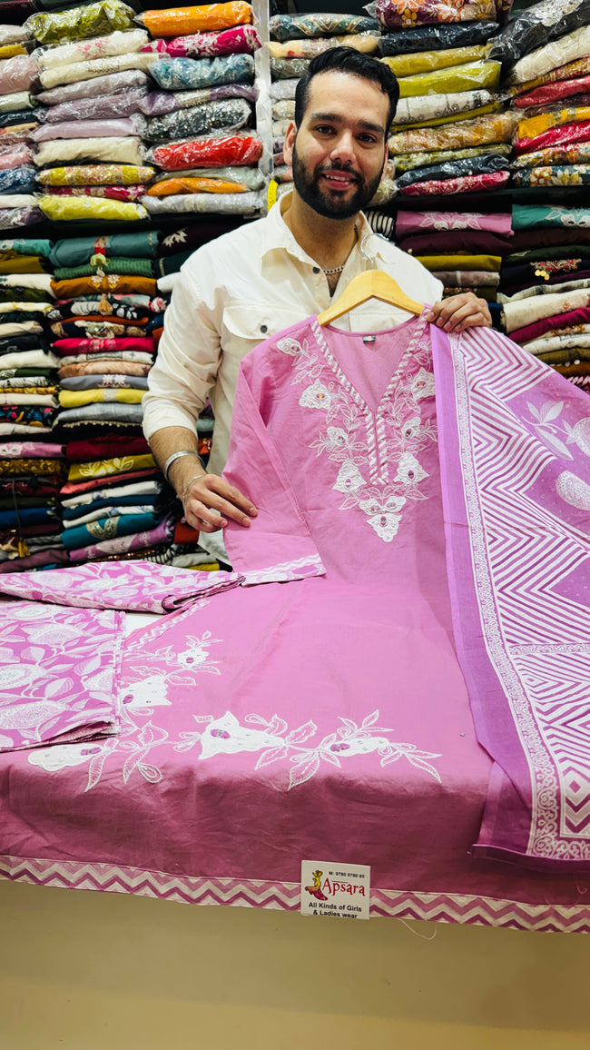 Pure Cotton Pink Embroidered Plazo Suit Hover Image