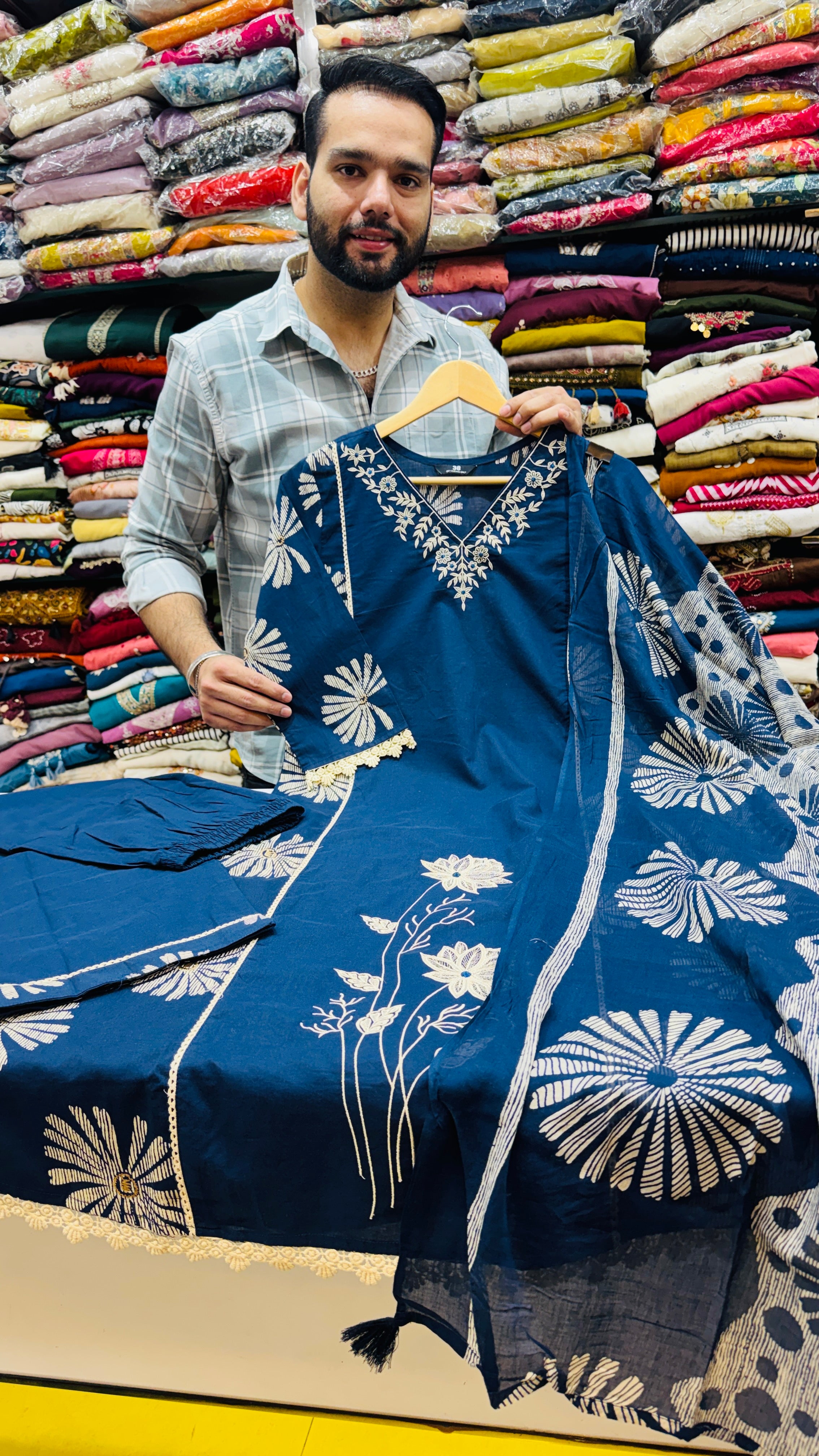 Navy Blue Pure Cotton Embroidered Plazo Suit