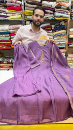 Lavender Mull Chanderi A-Line Frok Suit