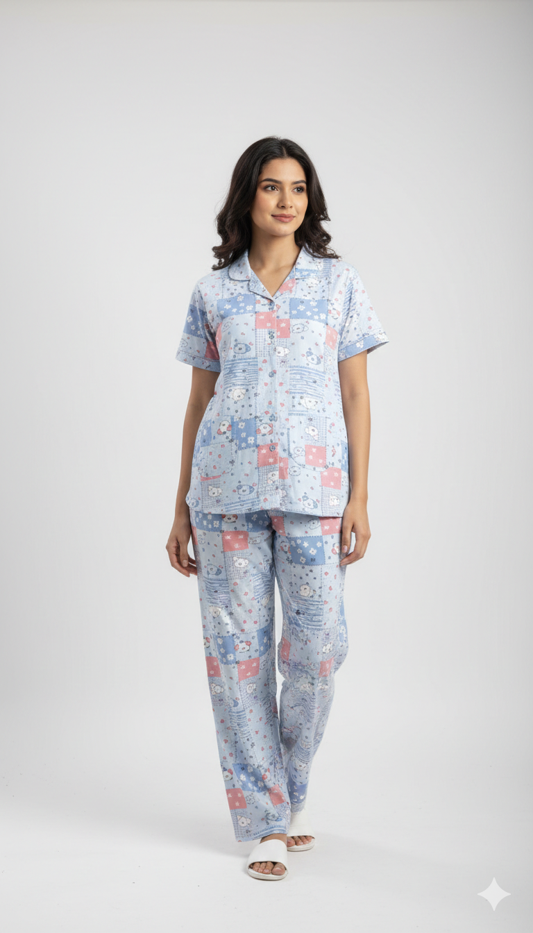 Sky Printed Front Button Night Suit
