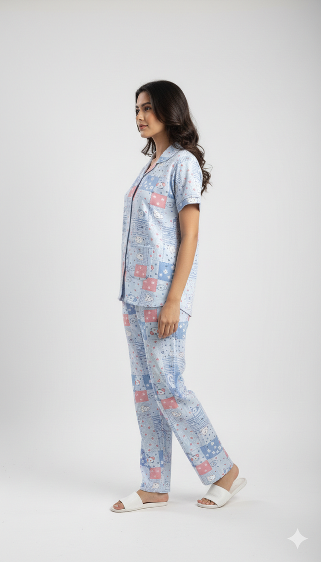 Sky Printed Front Button Night Suit Main Image