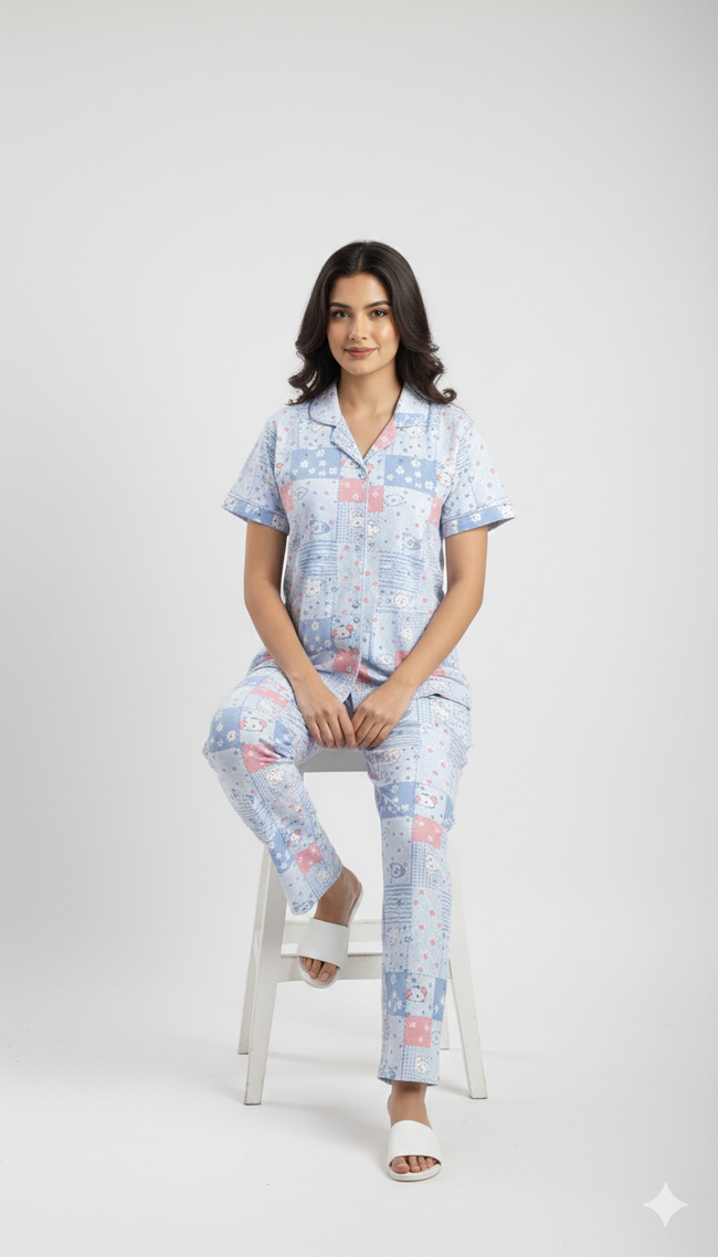 Sky Printed Front Button Night Suit Hover Image