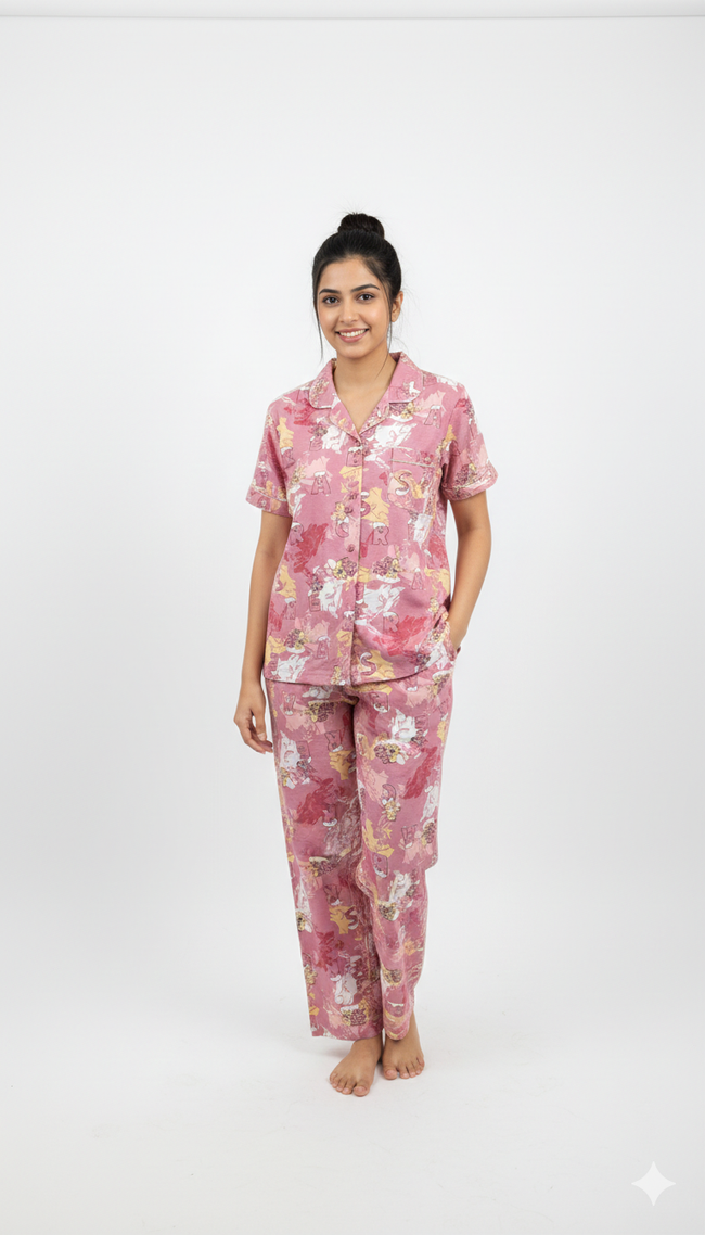 Peach Printed Front Button Night Suit Hover Image