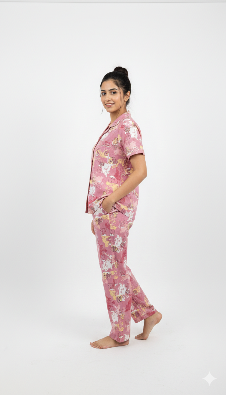 Peach Printed Front Button Night Suit