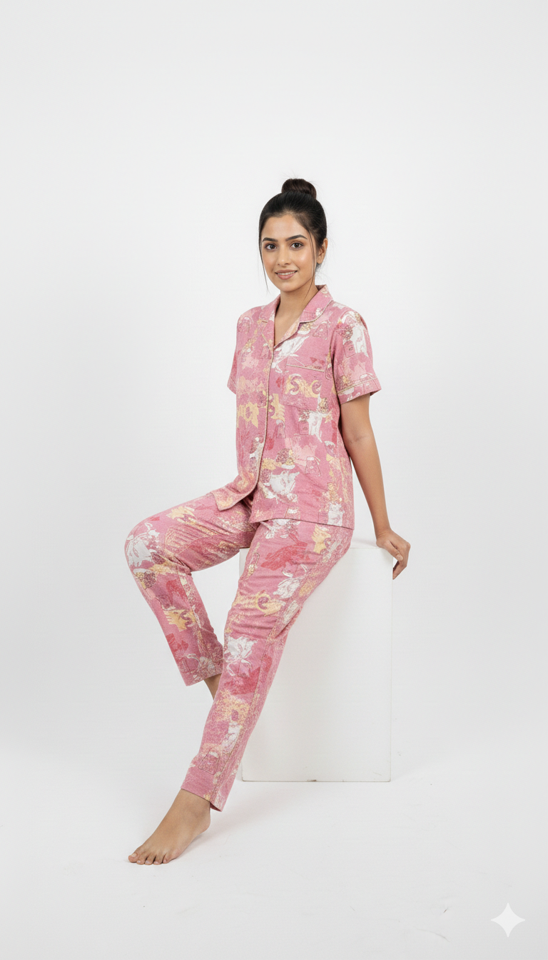 Peach Printed Front Button Night Suit