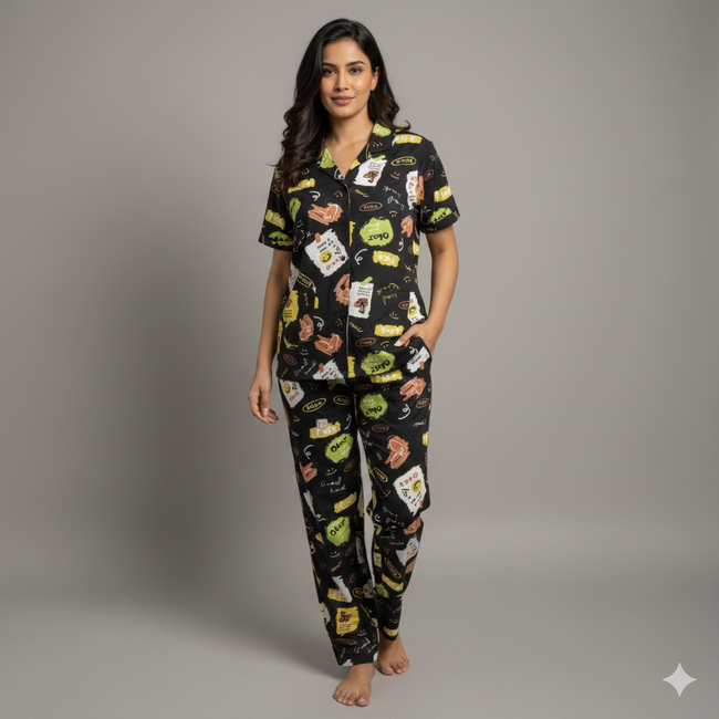 Black Printed Front Button Night Suit Hover Image
