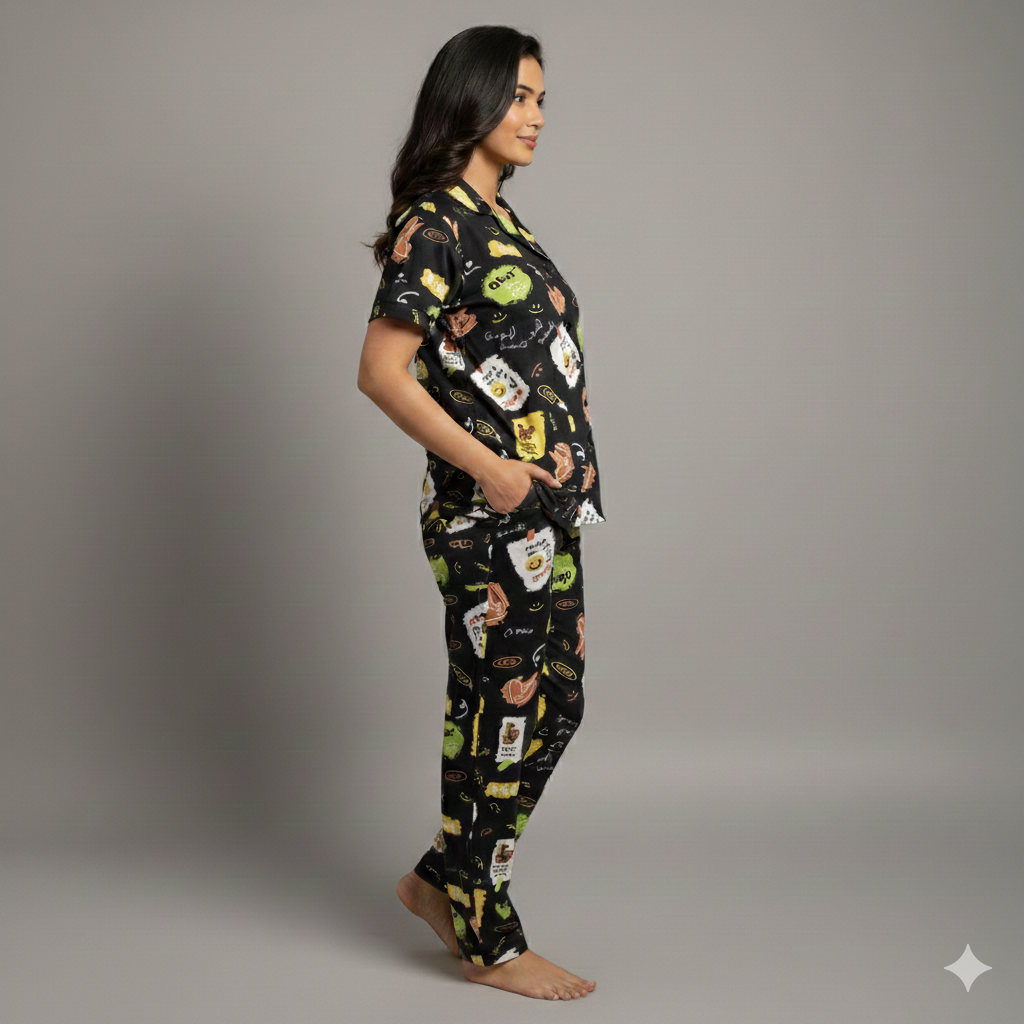 Black Printed Front Button Night Suit