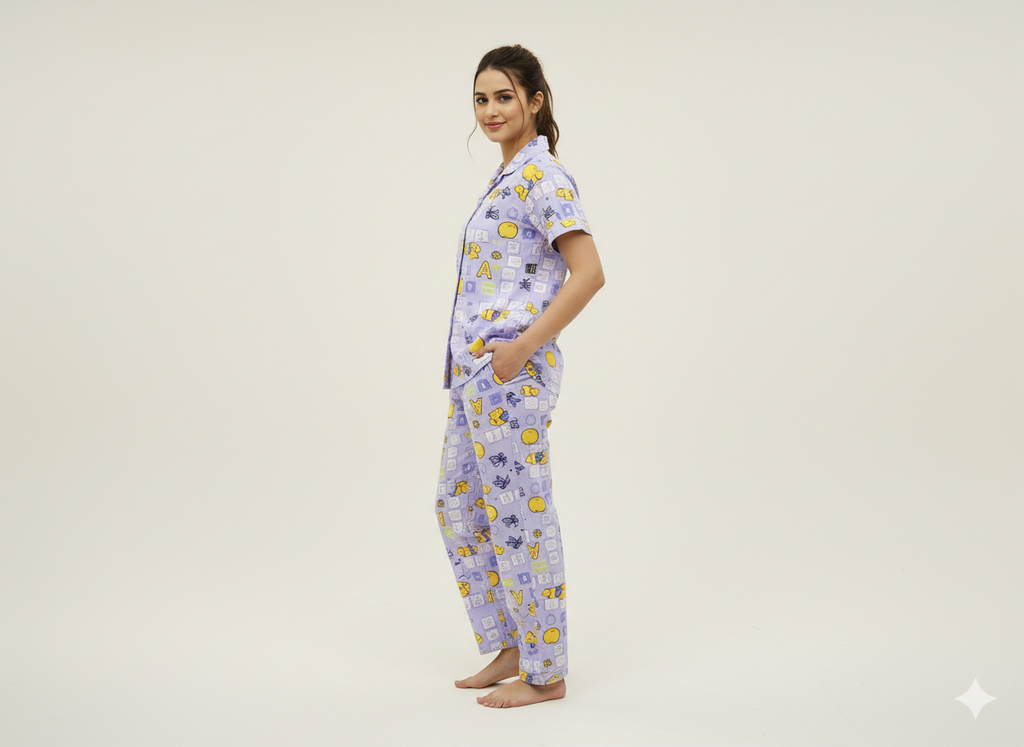 Lavender Printed Front Button Night Suit