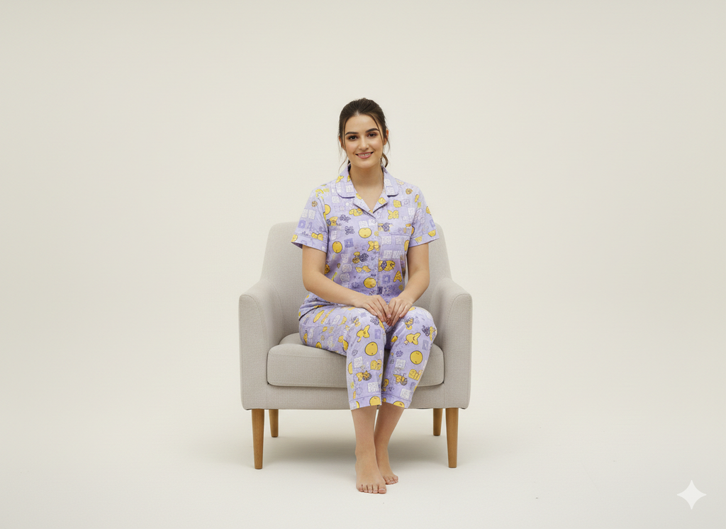Lavender Printed Front Button Night Suit