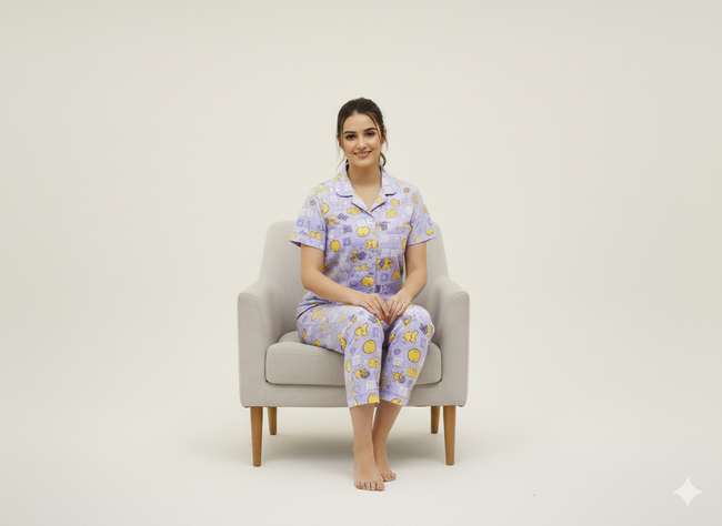 Lavender Printed Front Button Night Suit Hover Image