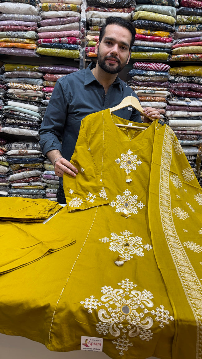Mull Cotton Mustard Frok Suit Hover Image
