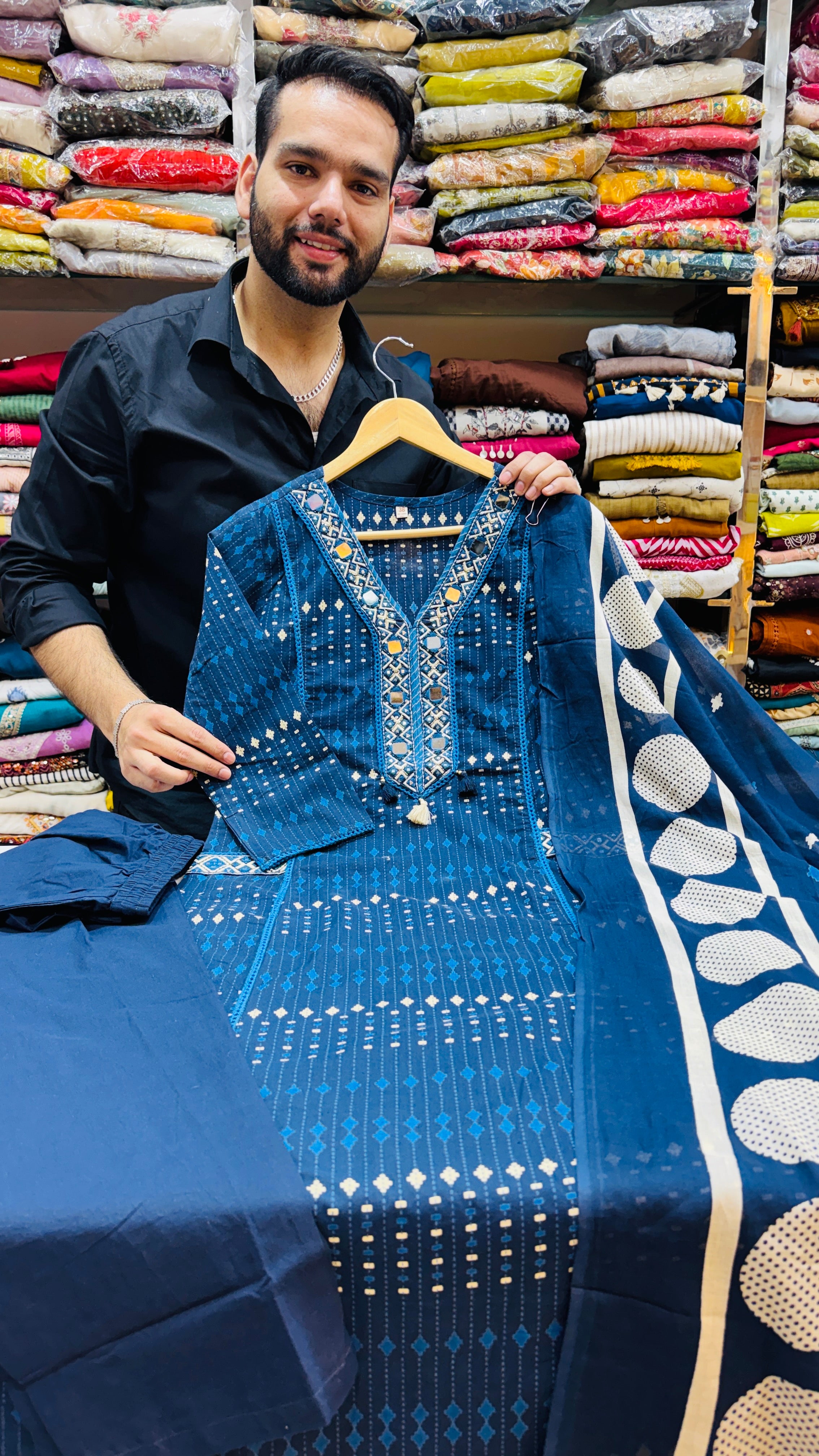 Pure Cotton Blue Mirror Work Suit