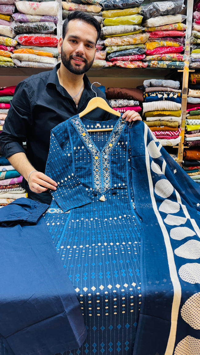 Pure Cotton Blue Mirror Work Suit Hover Image