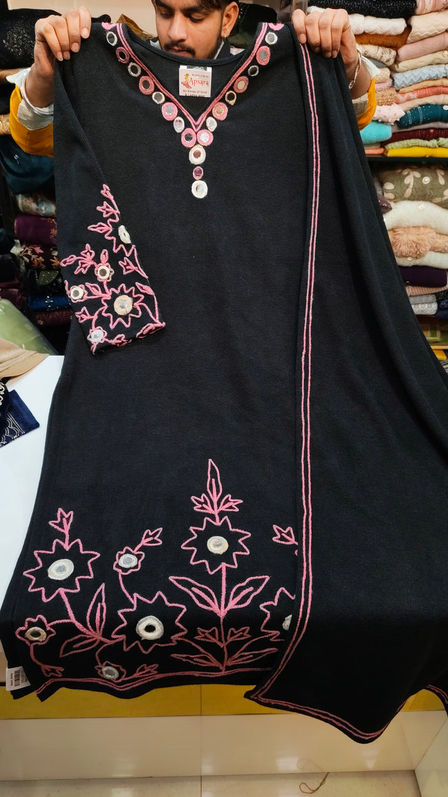 Imported Knitted Black Woolen Plazo Suit Hover Image