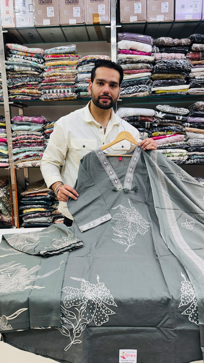 Pure Cotton Grey Plazo Suit Hover Image