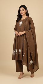 Brown Embroidered 3 Pcs Frok Suit