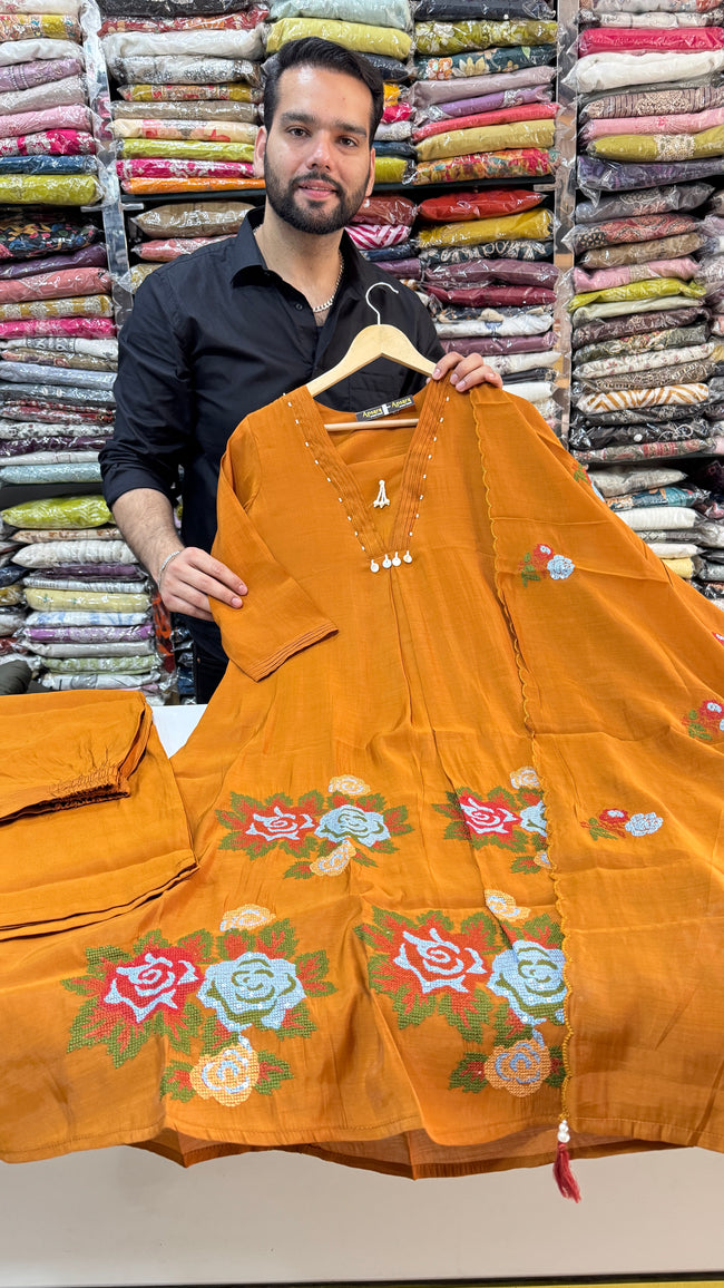 Burnt Orange Frok Suit with Thread Work Hover Image