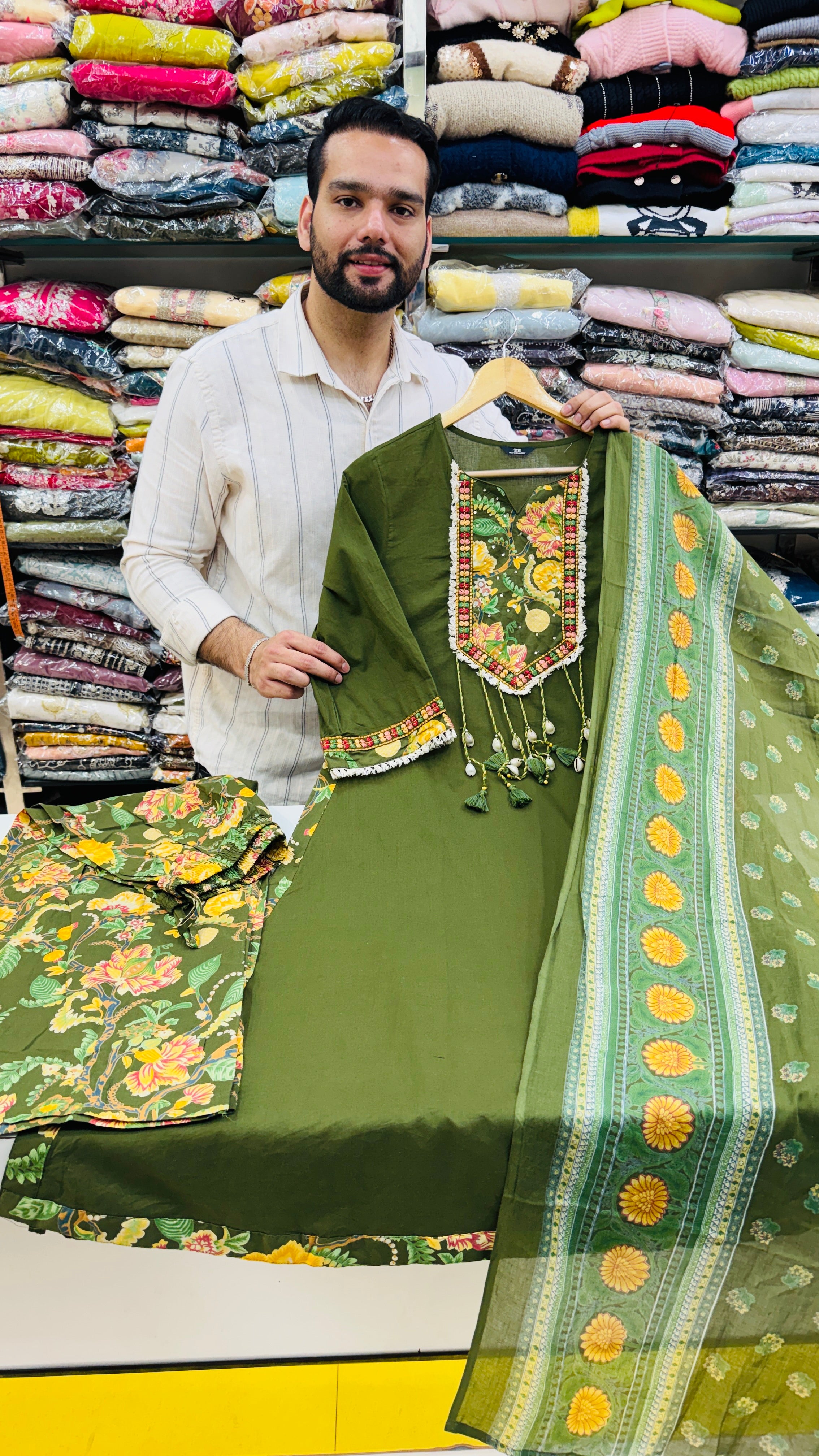 Pure Cotton A-Line Mehndi Suit