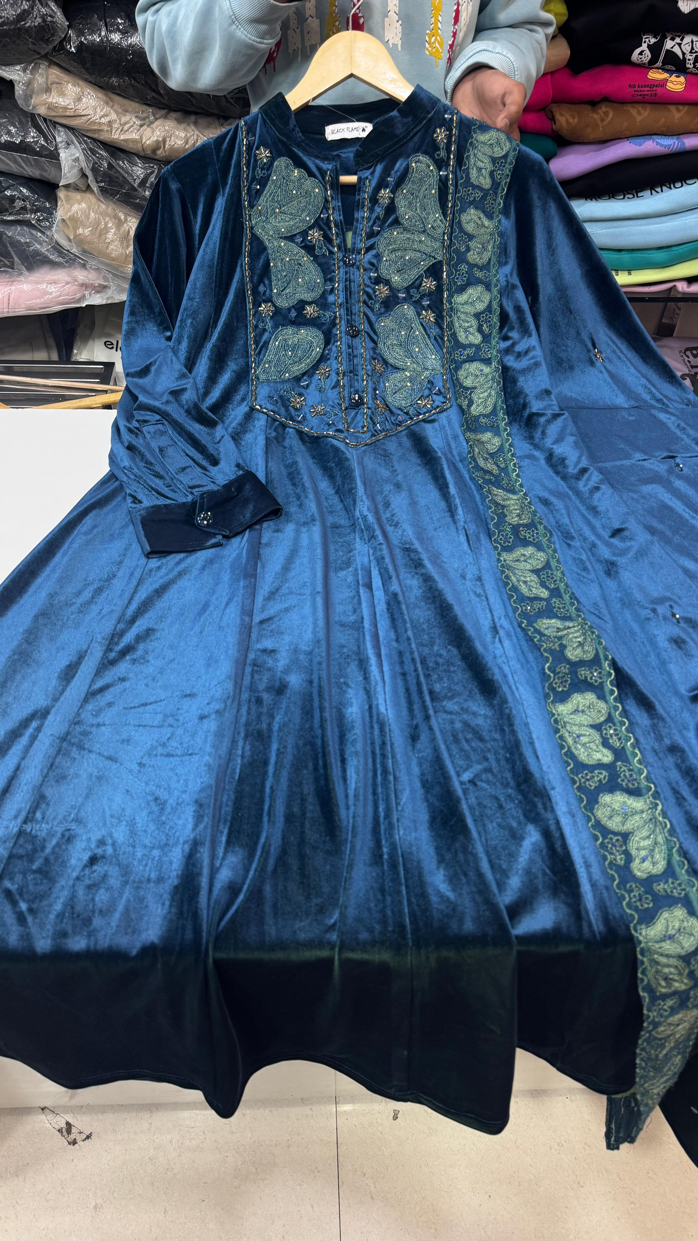 Peacock Blue Valvet Frok Suit
