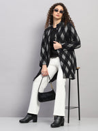 Women Black Printed Round Neck Full Sleeve Knitted Coat