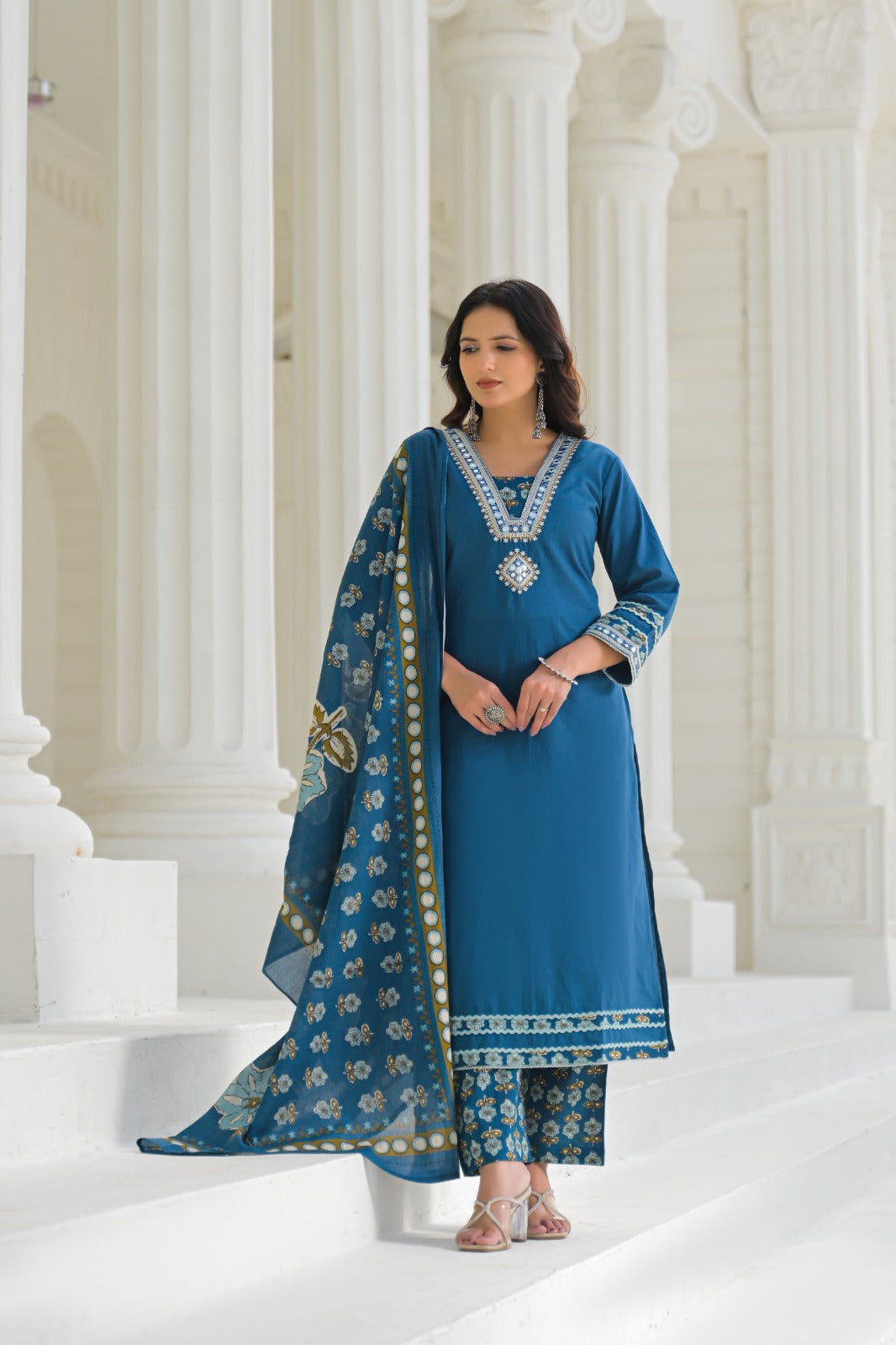 Teal Blue Printed Kurti Set with Dupatta (3-Piece Set)