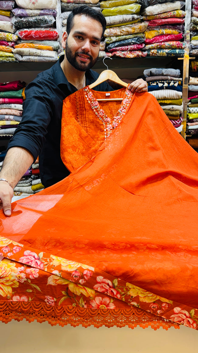 Deep Orange Mull Cotton Plazo Suit Main Image