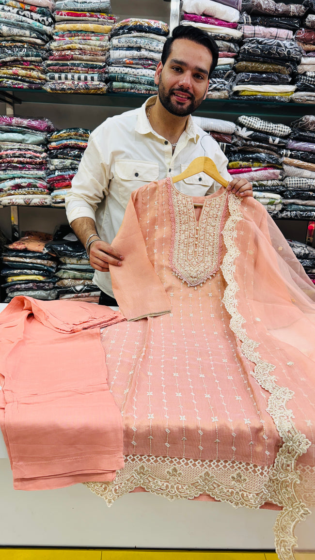 Peach Shimar Organza Plazo Suit Hover Image