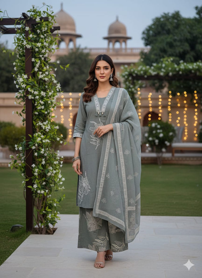 Pure Cotton Grey Plazo Suit Main Image