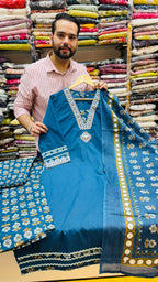 Teal Blue Printed Kurti Set with Dupatta (3-Piece Set)