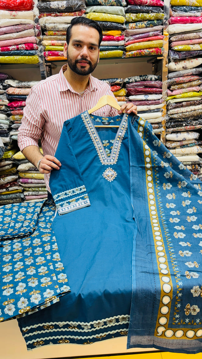 Teal Blue Printed Kurti Set with Dupatta (3-Piece Set) Hover Image