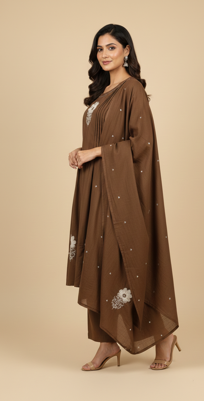 Brown Embroidered 3 Pcs Frok Suit