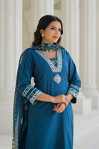 Teal Blue Printed Kurti Set with Dupatta (3-Piece Set)