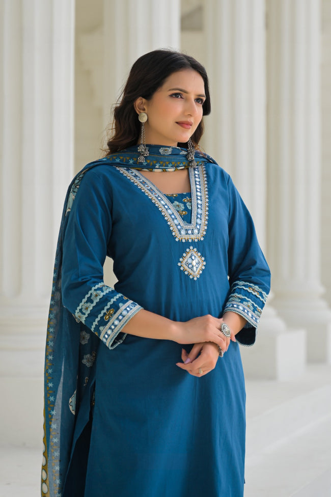 Teal Blue Printed Kurti Set with Dupatta (3-Piece Set) Main Image
