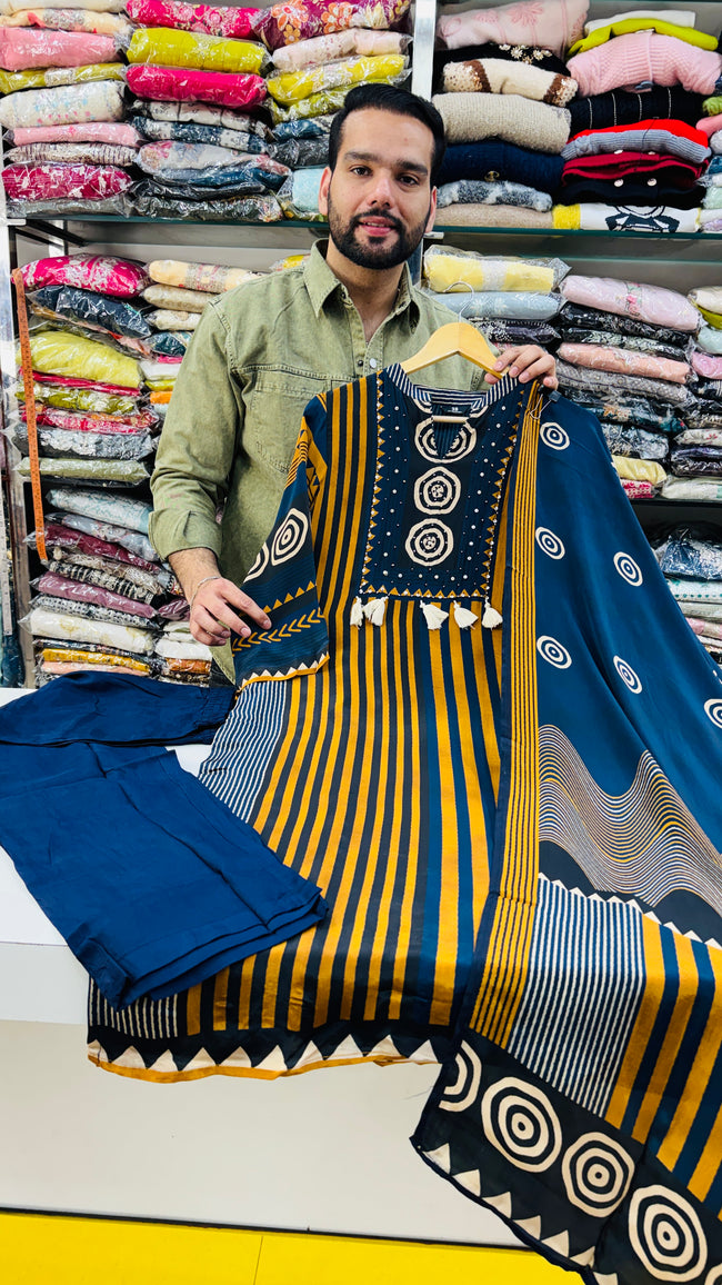 Pure Crepe Straight Plazo Suit(Navy/Mustard) Hover Image
