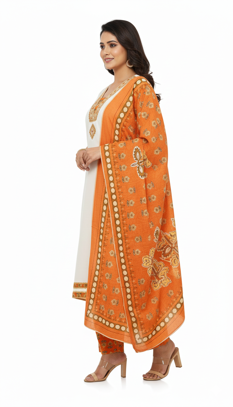 White & Orange Pure Cotton Plazo Suit