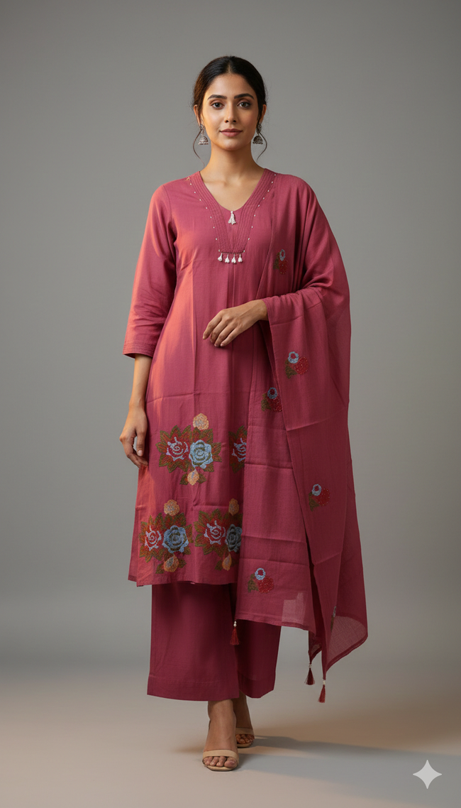 Cinnamon Pink Frok Suit with Thread Work Main Image
