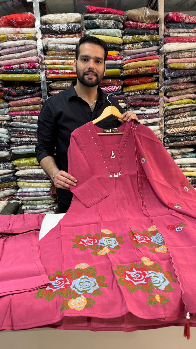 Cinnamon Pink Frok Suit with Thread Work Hover Image