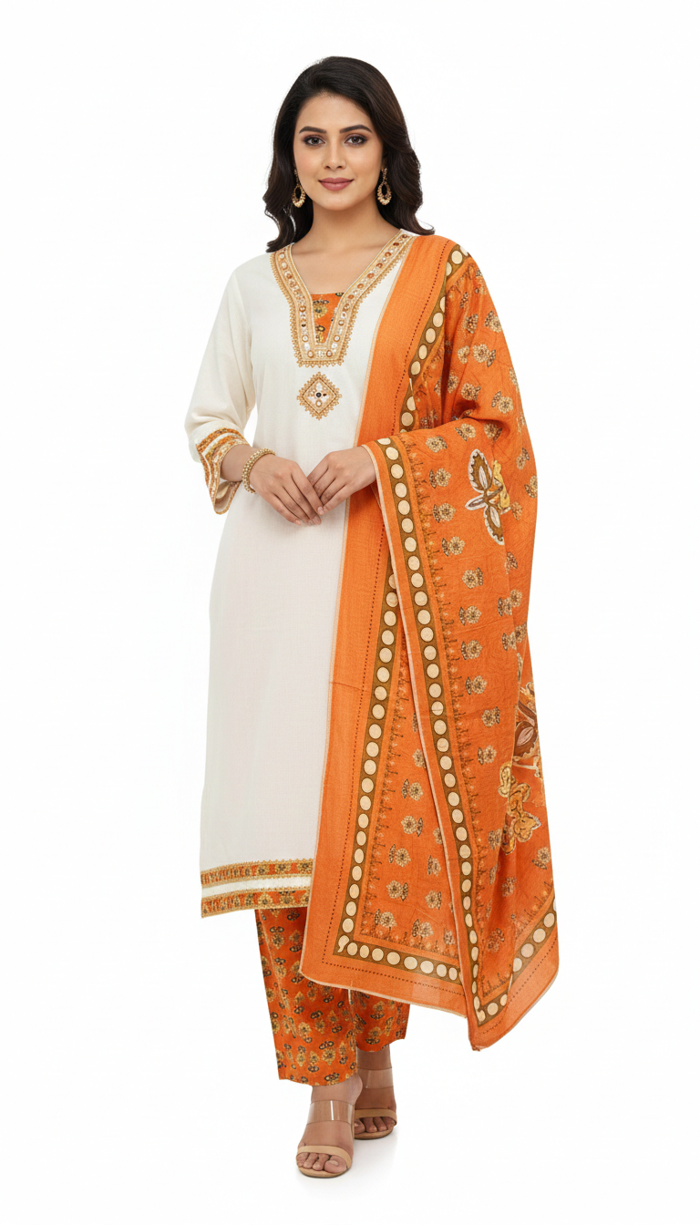 White & Orange Pure Cotton Plazo Suit