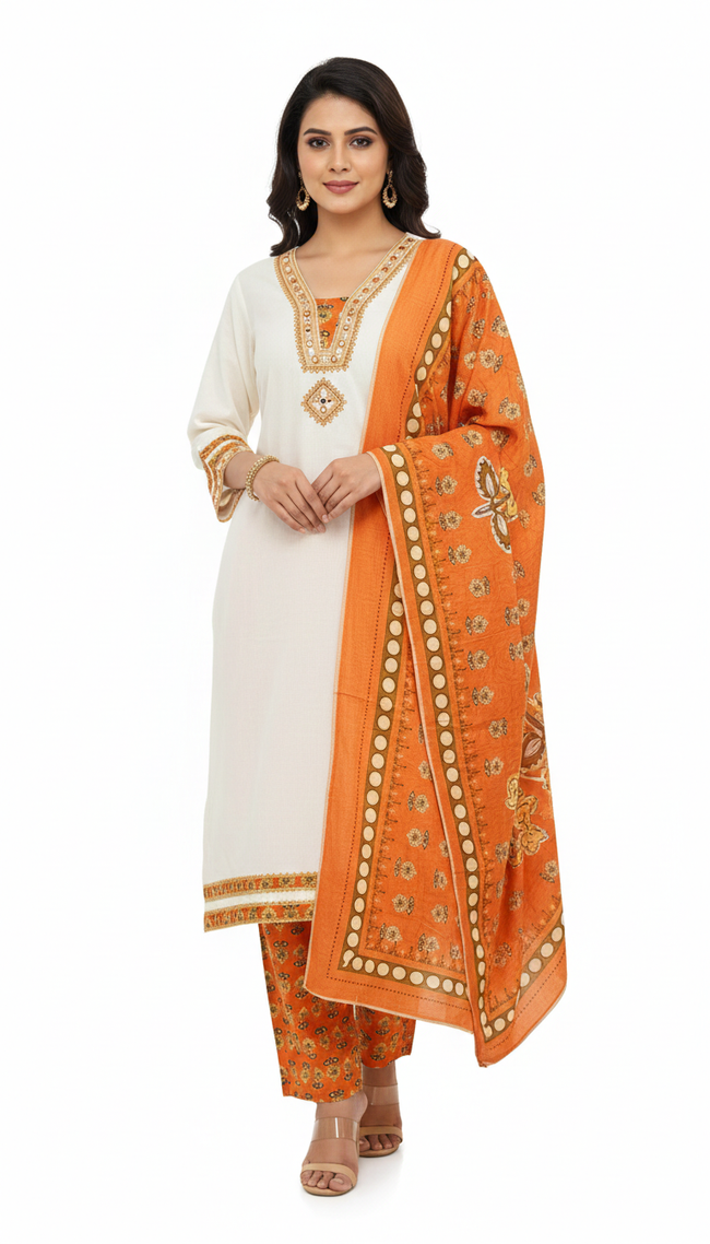 White & Orange Pure Cotton Plazo Suit Main Image