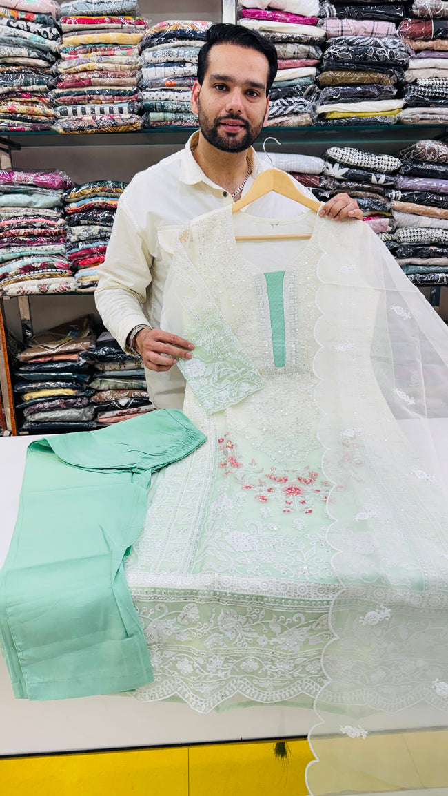 White Organza Double Shade Suit Hover Image